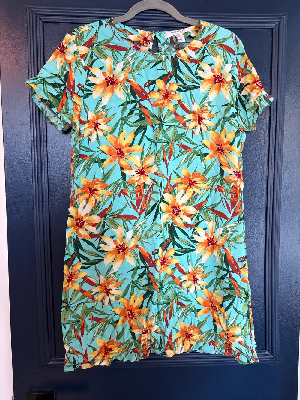 Forever 21 Tropical Floral Rayon Shift Mini Dress Aqua M